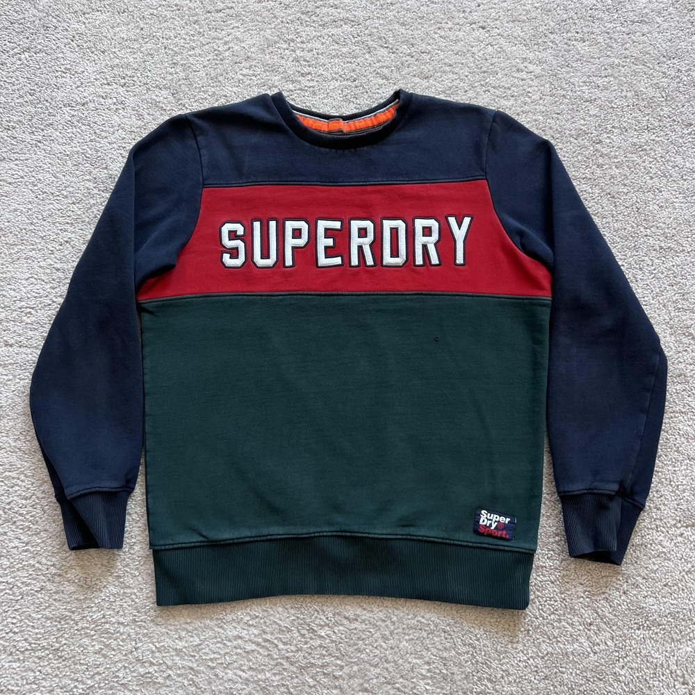 Superdry Sweatshirt Mens XL Navy Red Green Fleece Crewneck Sport Logo Colorblock